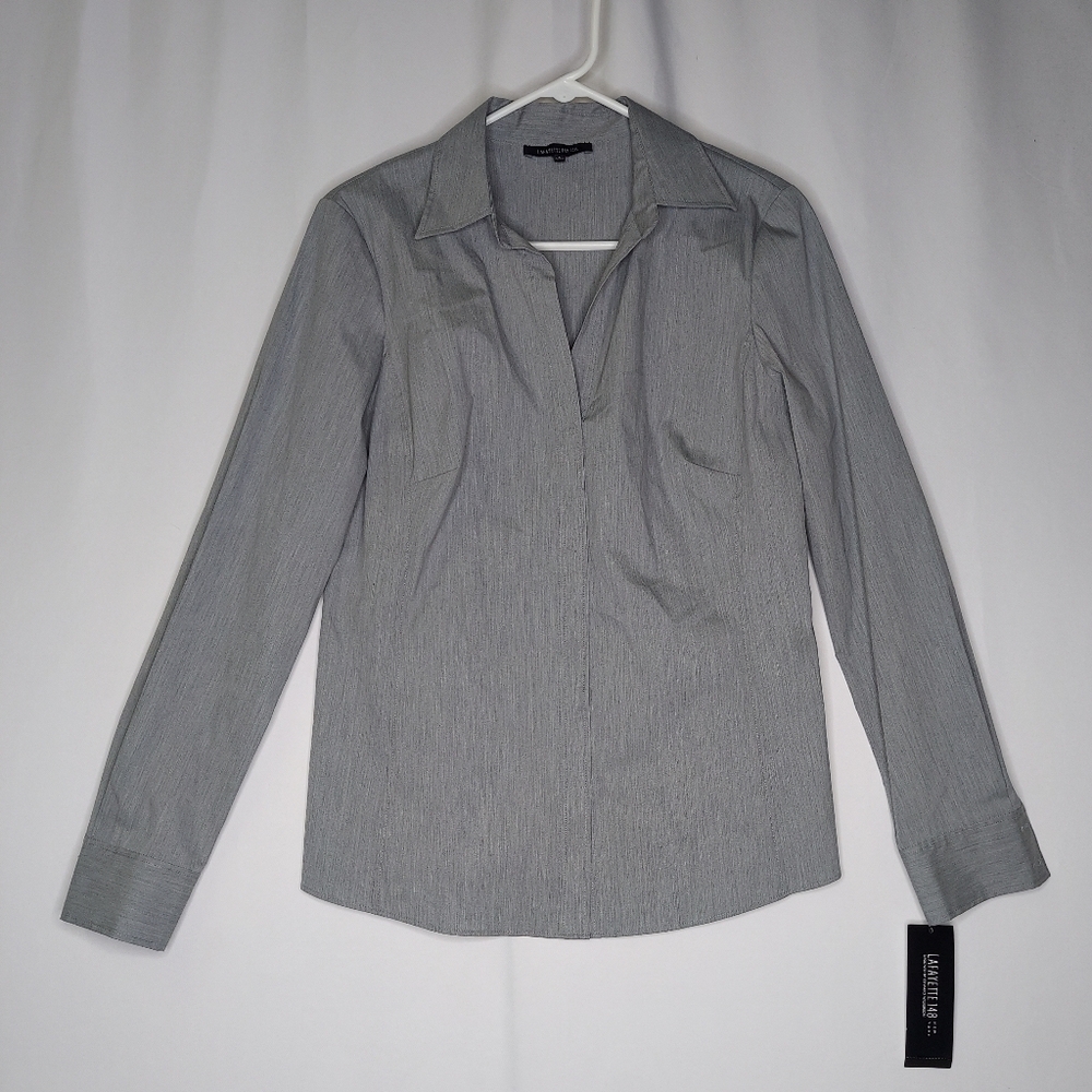Lafayette 148 NY Top Womens 6 Gray Stretch Collar VNeck Side Zip Long Sleeve